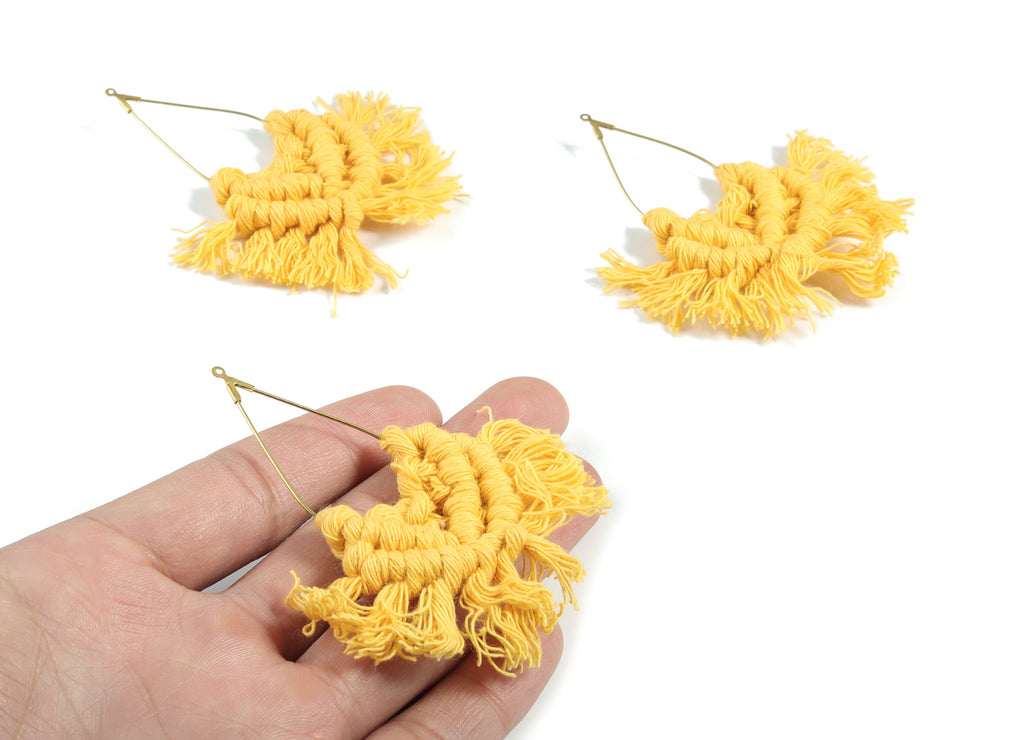 Tassel Earring Charms - Handmade Yellow Cream Macrame Earrings - Raw Brass Drop Fringe Earrings - Luxe Fan tassel - 83x42.63x6.3mm - TS1169B - DOMEDBAZAAR