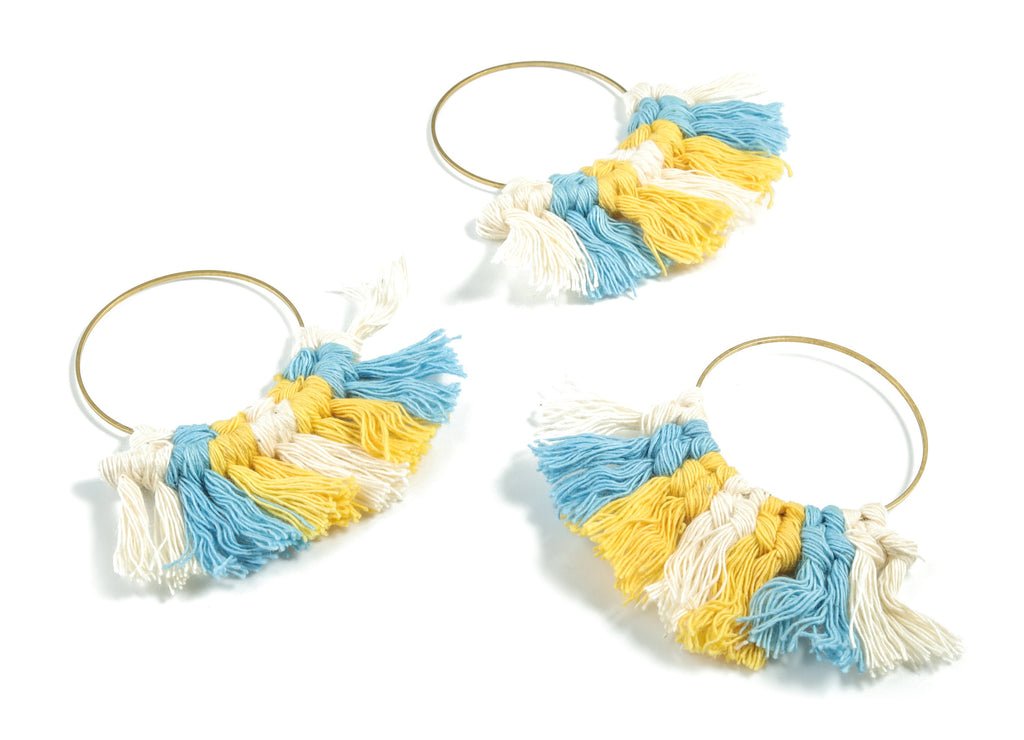 Tassel Earring Charms - Handmade Cotton Blue Macrame Earrings - Raw Brass Hoop Fringe Earrings - Luxe Fan Tassel - 67.5x46.4x5mm - TS1171B - DOMEDBAZAAR