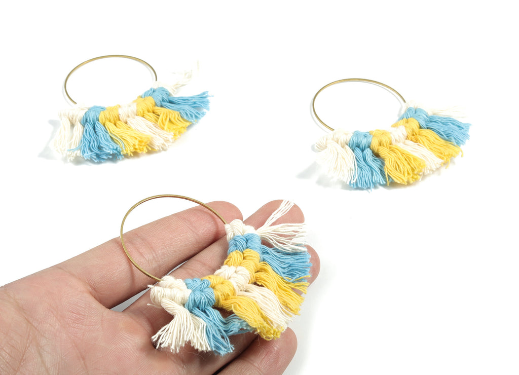 Tassel Earring Charms - Handmade Cotton Blue Macrame Earrings - Raw Brass Hoop Fringe Earrings - Luxe Fan Tassel - 67.5x46.4x5mm - TS1171B - DOMEDBAZAAR