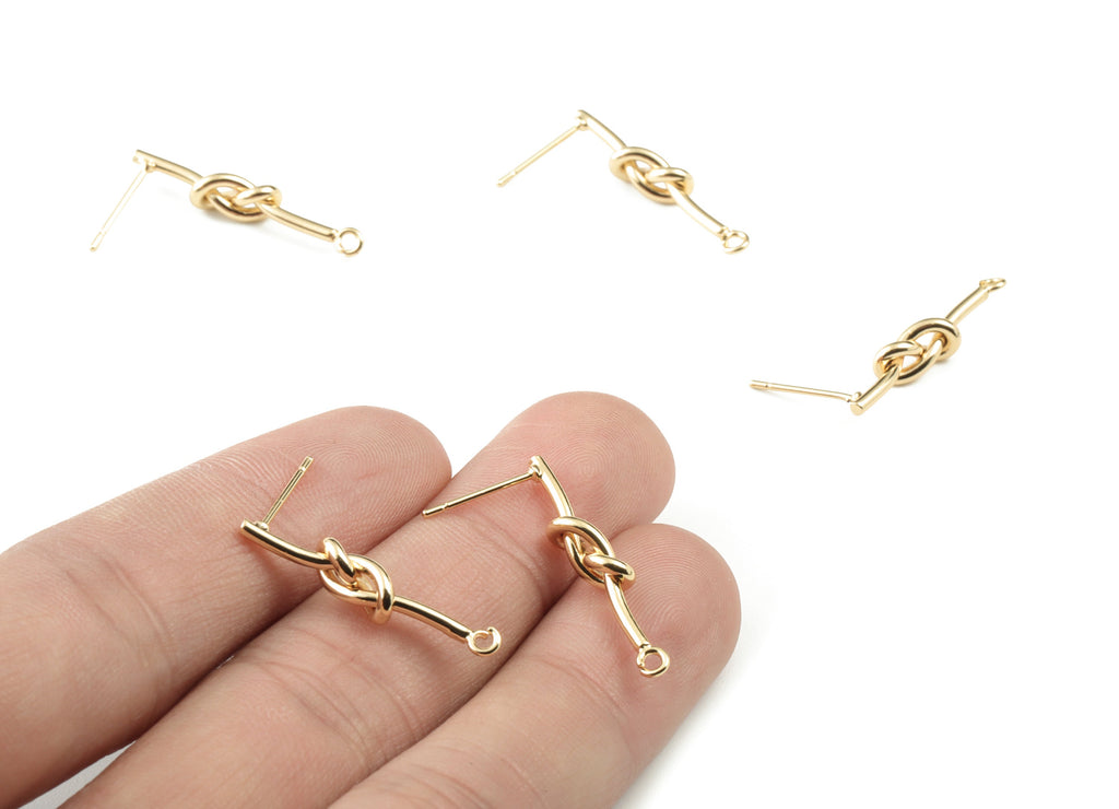 Gold Knot Earring Stud - 18K Real Gold Plated Brass Knot Earring Post - Jewelry Supplies - 26.29x4.89x3.07mm - RGP2752 - DOMEDBAZAAR