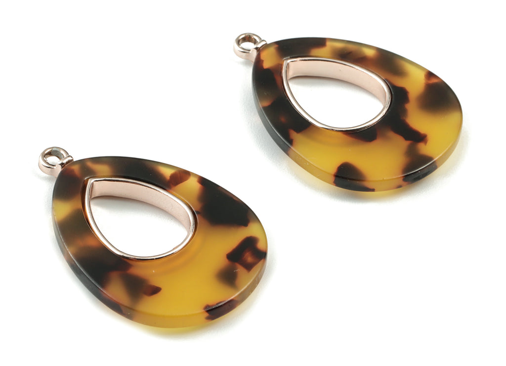 Acetate Alloy Drop Earring Charm - Rose Alloy Frame Tortoise Shell Charms - Tortoise Shell Drop Pendant - 35.11x24.42x3.98mm - AC1182-A02R - DOMEDBAZAAR