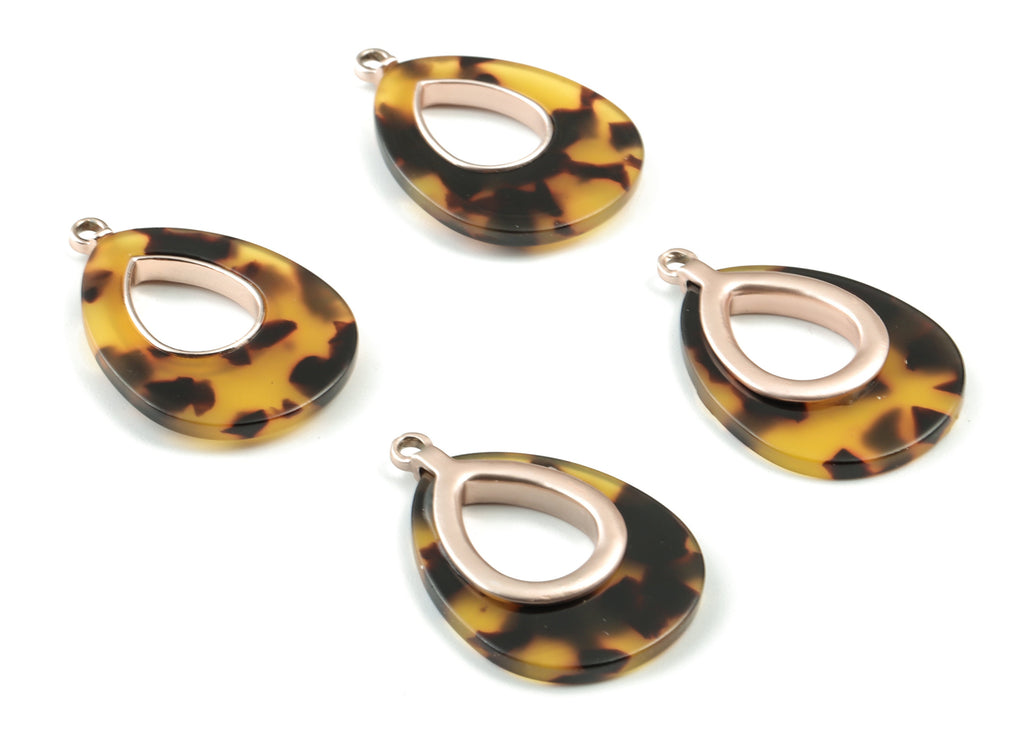 Acetate Alloy Drop Earring Charm - Matter Rose Alloy Frame Tortoise Shell Charms - Tortoise Shell Drop Pendant - 35x24x4mm - AC1182-A02MR - DOMEDBAZAAR