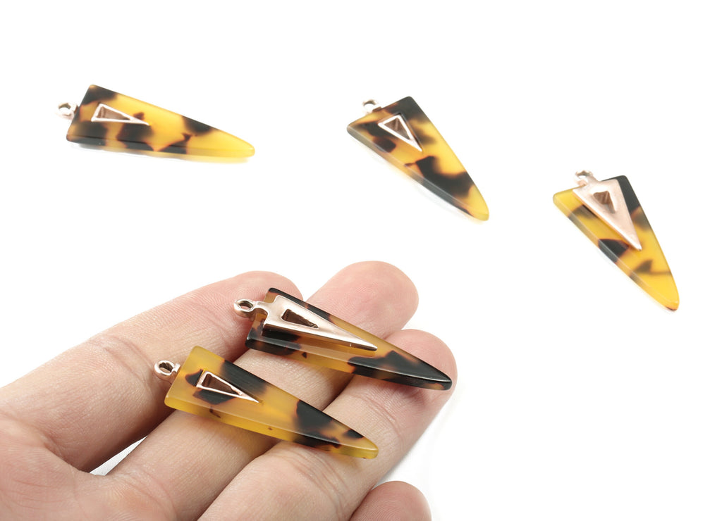 Acetate Alloy Triangle Earring Charm - Matte Rose Alloy Frame Acetate Charms - Tortoise Shell Triangle Pendant - 41.67x16x4mm - AC1845-A02MR - DOMEDBAZAAR