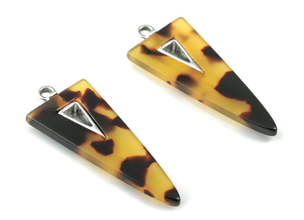 Acetate Alloy Triangle Earring Charm - Silver Alloy Frame Acetate Charms - Tortoise Shell Triangle Pendant - 41.67x16.1x4.05mm - AC1845-A02S - DOMEDBAZAAR