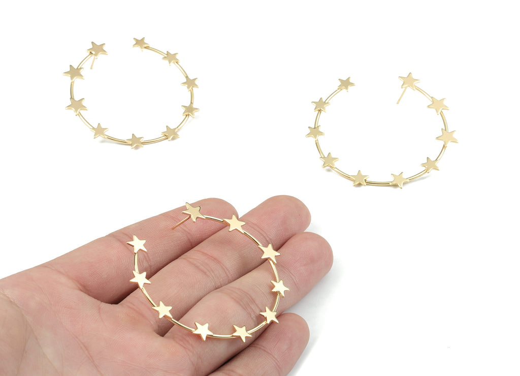Gold Hoop Star Earring Stud - 18K Real Gold Brass Open Hoop Earring Post - Surgical Stud - Jewelry Supplies - 50.65x8.23x2.18mm - RGP2753G - DOMEDBAZAAR