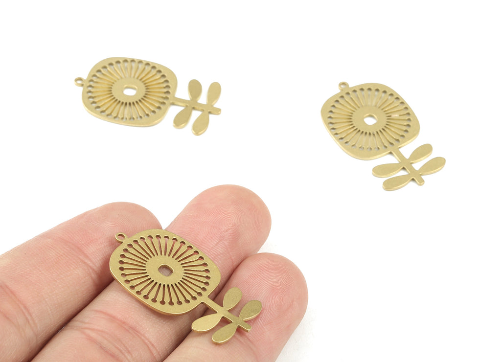 Sun Flower Pendant - Raw Brass Sun Flower Earring Charms - Jewelry Supplies - 32x18x0.8mm - PPM3508 - DOMEDBAZAAR