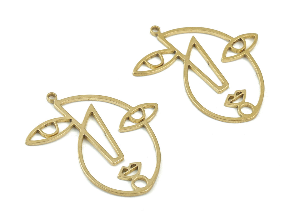 Abstract Face Earring Charms - Raw Brass Face Pendant - Jewelry Making Supplies - 31x29x1mm - PPM3475 - DOMEDBAZAAR