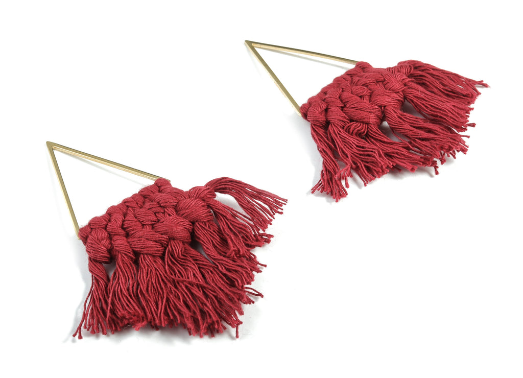 Tassel Earring Charms - Handmade Cotton Bordeux Macrame Earrings - Raw Brass Triangle Fringe Earrings - 70.81x30.61x6.91mm - TS1173B - DOMEDBAZAAR