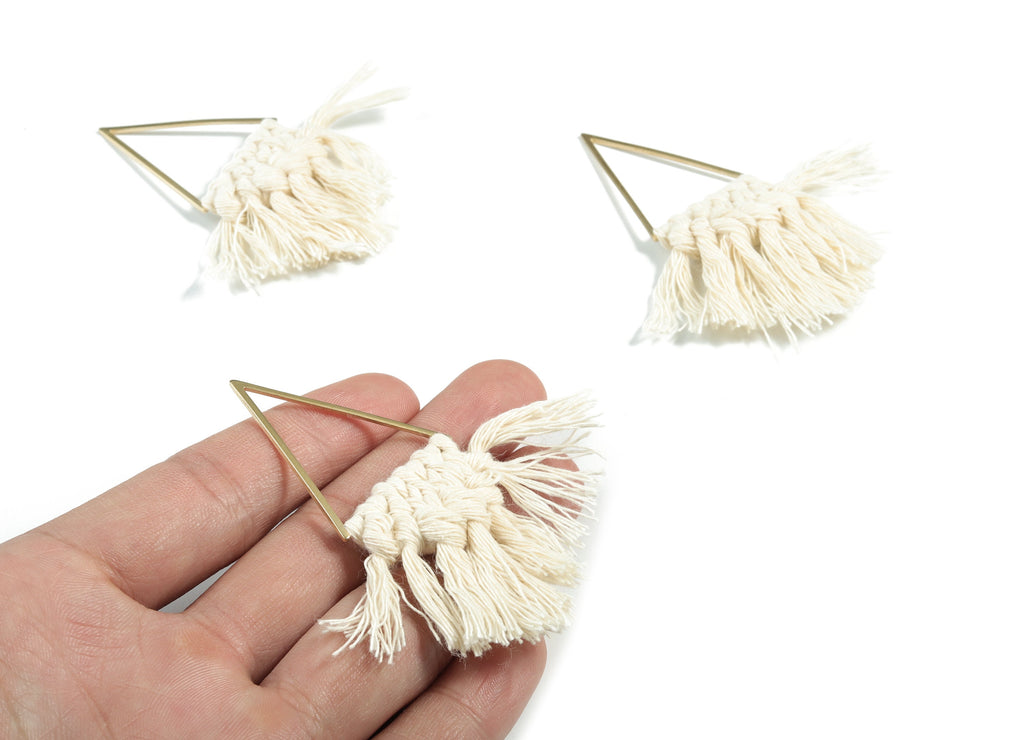 Tassel Earring Charms - Handmade Cotton Cream Macrame Earrings - Raw Brass Triangle Fringe Earrings - 70.81x30.61x6.91mm - TS1173A - DOMEDBAZAAR
