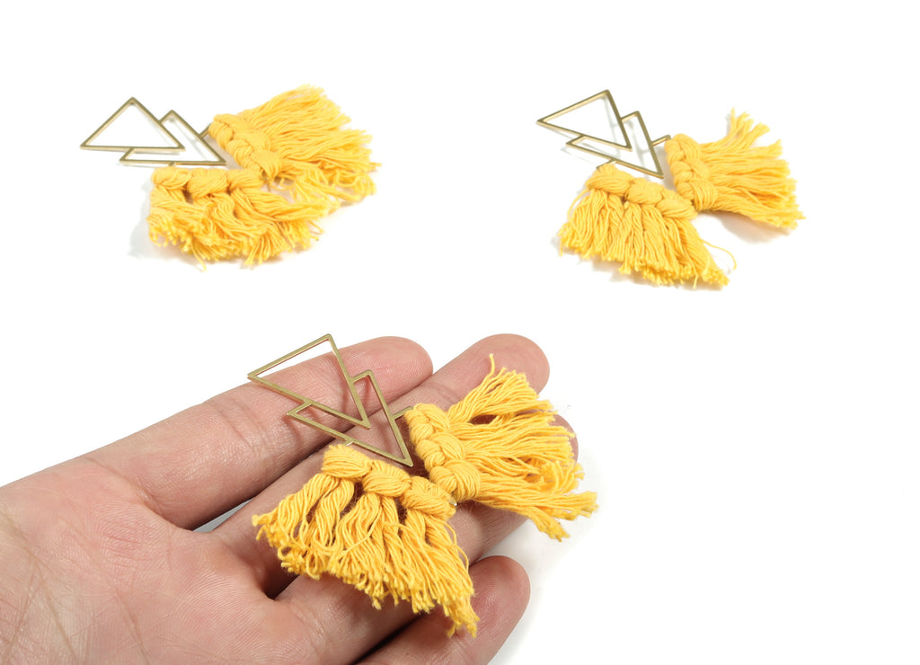 Tassel Earring Charms - Handmade Cotton Yellow Macrame Earrings - Raw Brass Triangles Fringe Earrings - 66.83x21.44x4.03mm - TS1168C - DOMEDBAZAAR