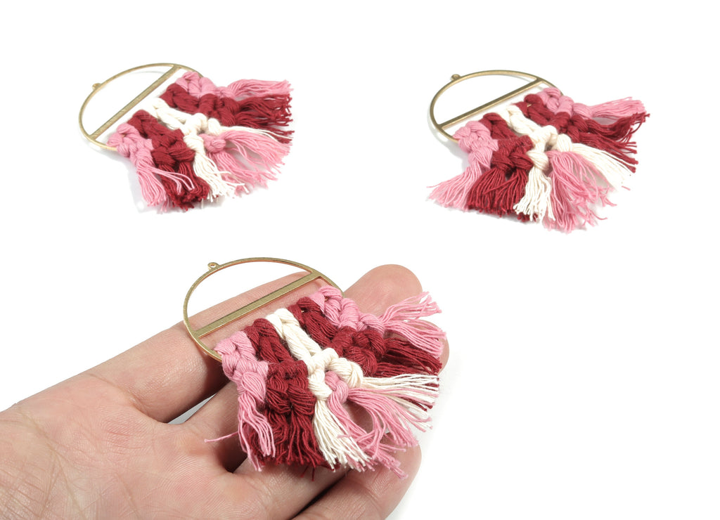 Tassel Earring Charms - Handmade Cotton Pink Macrame Earrings - Raw Brass Round Fringe Earrings - luxe Fan Tassel - 76.89x43x5mm - TS1172A - DOMEDBAZAAR