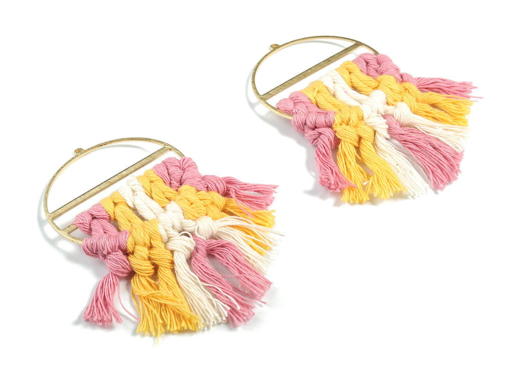Tassel Earring Charms - Handmade Cotton Yellow Macrame Earrings - Raw Brass Round Fringe Earrings - luxe Fan Tassel - 76.89x43x5mm - TS1172D - DOMEDBAZAAR