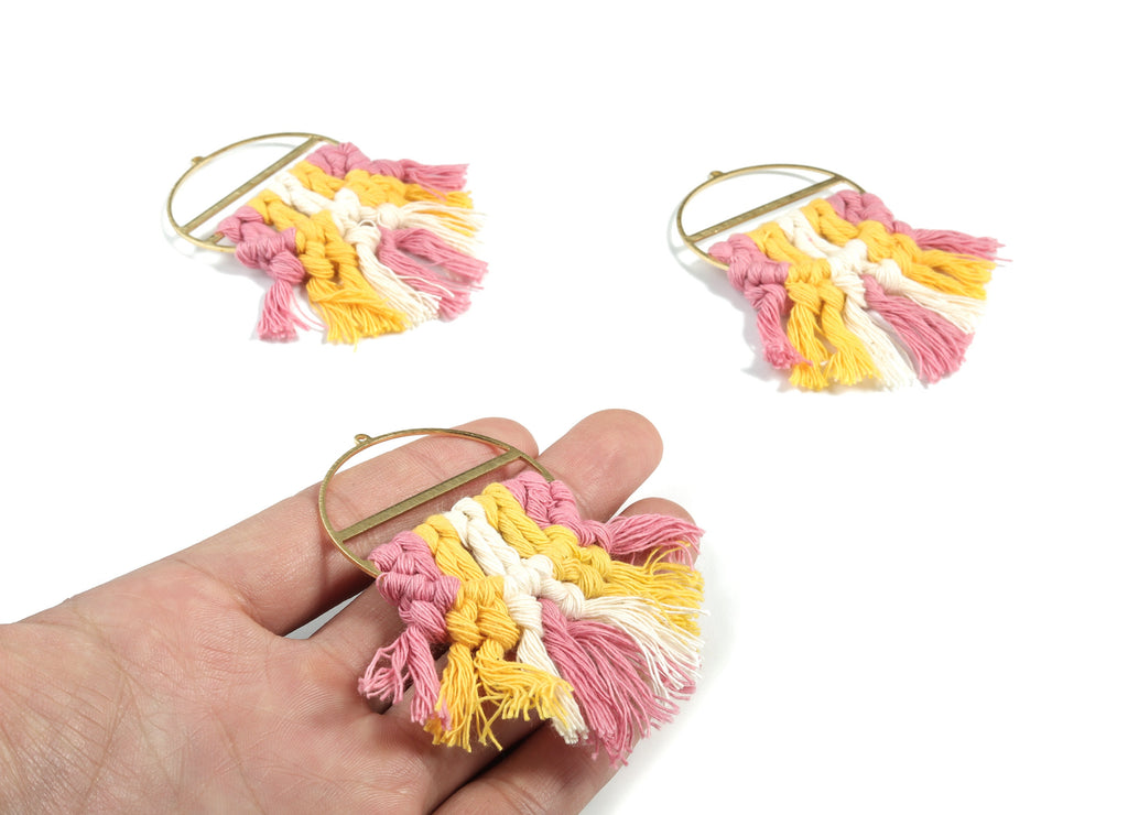 Tassel Earring Charms - Handmade Cotton Yellow Macrame Earrings - Raw Brass Round Fringe Earrings - luxe Fan Tassel - 76.89x43x5mm - TS1172D - DOMEDBAZAAR