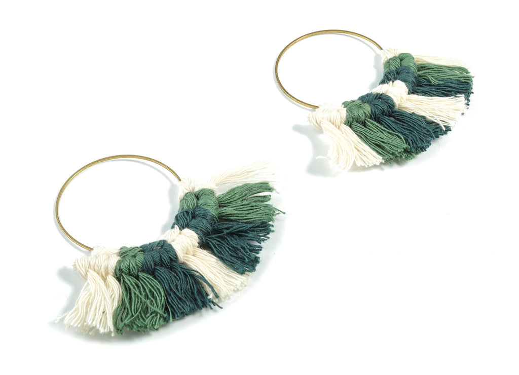 Tassel Earring Charms - Handmade Cotton Green Macrame Earrings - Raw Brass Hoop Fringe Earrings - Luxe Fan Tassel - 67.5x46.4x5mm - TS1171A - DOMEDBAZAAR