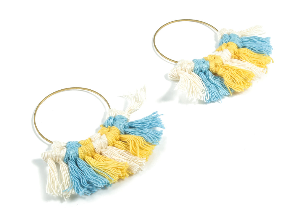 Tassel Earring Charms - Handmade Cotton Blue Macrame Earrings - Raw Brass Hoop Fringe Earrings - Luxe Fan Tassel - 67.5x46.4x5mm - TS1171B - DOMEDBAZAAR