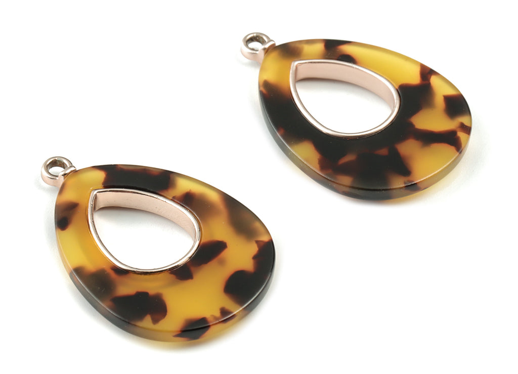 Acetate Alloy Drop Earring Charm - Matter Rose Alloy Frame Tortoise Shell Charms - Tortoise Shell Drop Pendant - 35x24x4mm - AC1182-A02MR - DOMEDBAZAAR