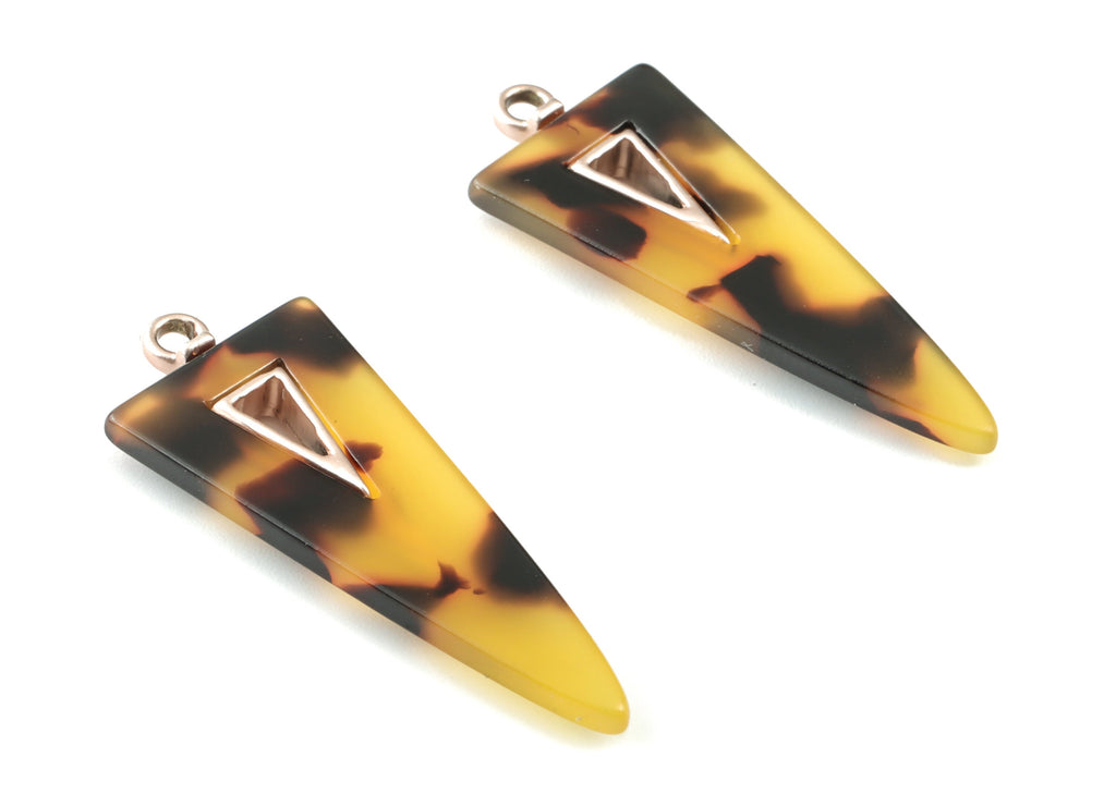 Acetate Alloy Triangle Earring Charm - Matte Rose Alloy Frame Acetate Charms - Tortoise Shell Triangle Pendant - 41.67x16x4mm - AC1845-A02MR - DOMEDBAZAAR