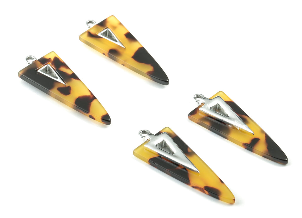 Acetate Alloy Triangle Earring Charm - Silver Alloy Frame Acetate Charms - Tortoise Shell Triangle Pendant - 41.67x16.1x4.05mm - AC1845-A02S - DOMEDBAZAAR