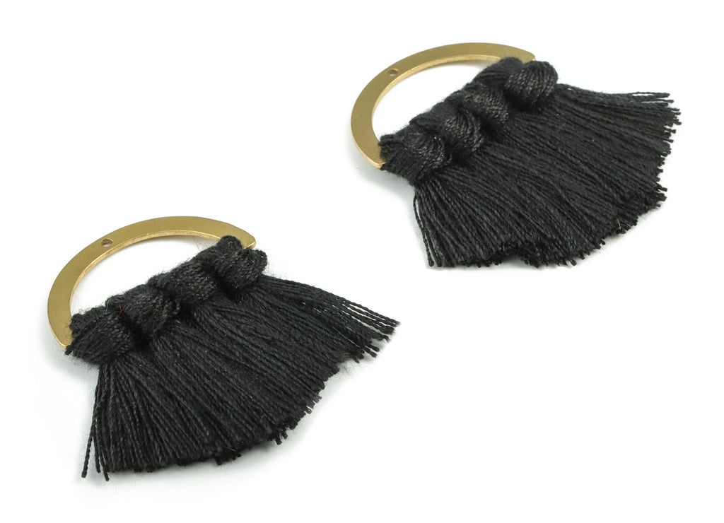 Brass Semi circle Brass - Half Moon Tassel Earring Charms - Cotton Black Tassels - Mini Half Fan Tassel - 44.49x30.34x4.42mm - TSM3070RBB - DOMEDBAZAAR