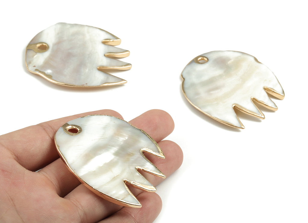 Natural Seashell Charms - Seashell Fish Earrings and Pendant - Gold Tone Plated Seashell - 1 Hole - 63.77x51.28x6.81mm - SF1130 - DOMEDBAZAAR