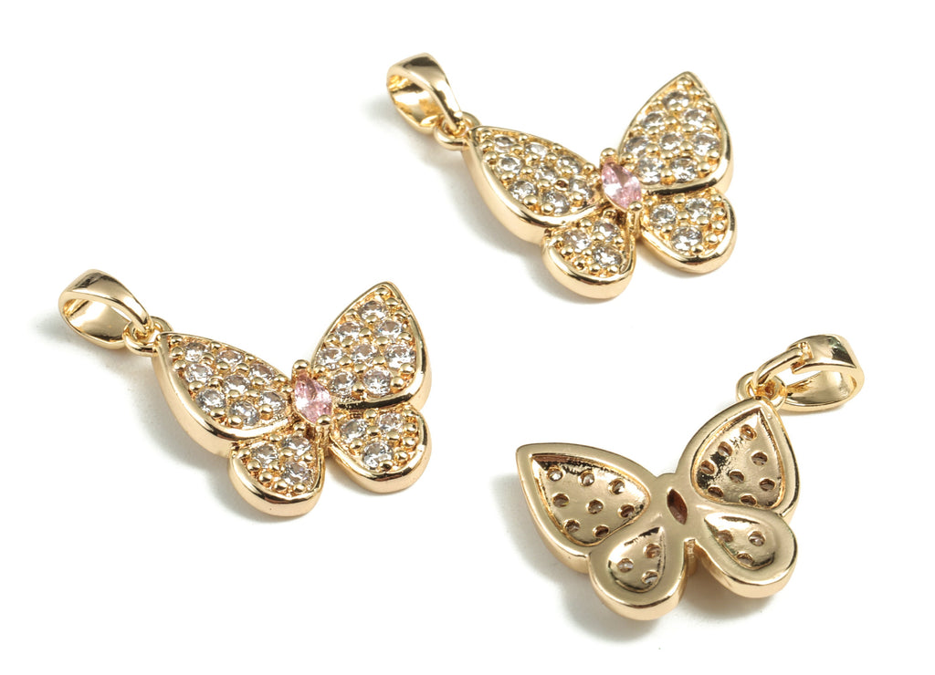 Brass Butterfly Earring Charms With Zircons - Gold Butterfly Pendant - 18K Real Gold Plated Brass - 15.35x14.53x3.32mm - RGP2756 - DOMEDBAZAAR