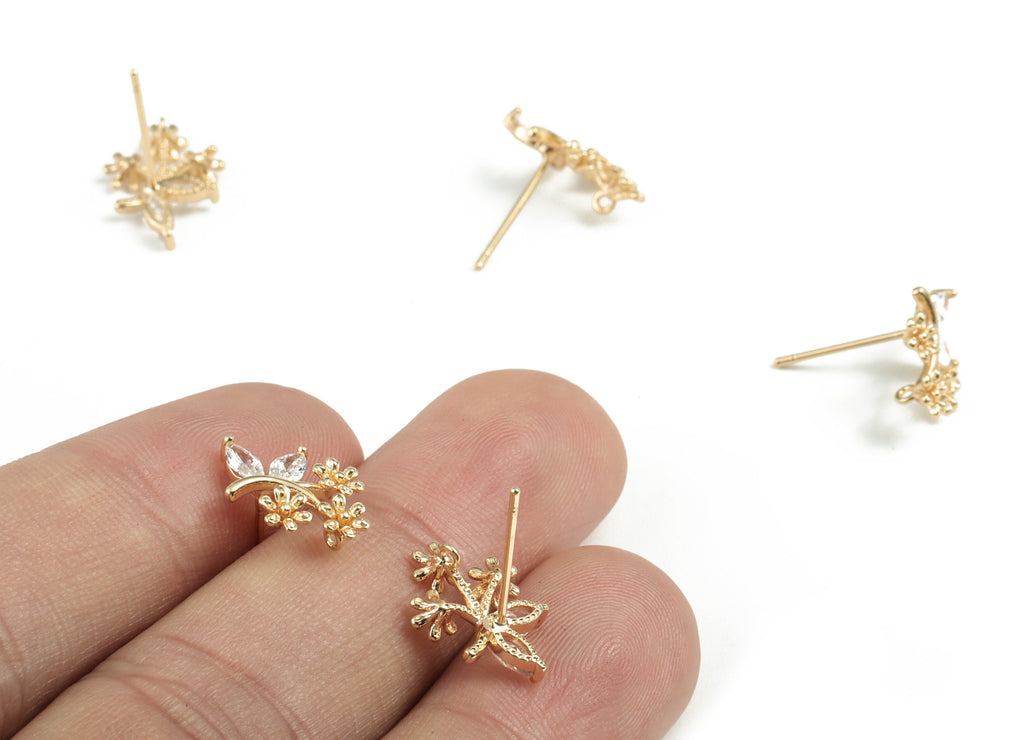 Brass Flower Earring Stud With Zircon - Gold Flower Earring Stud - 18K Real Gold Plated - 316 Stainless Steel - 14.73x10.52x3.22mm - RGP2759 - DOMEDBAZAAR