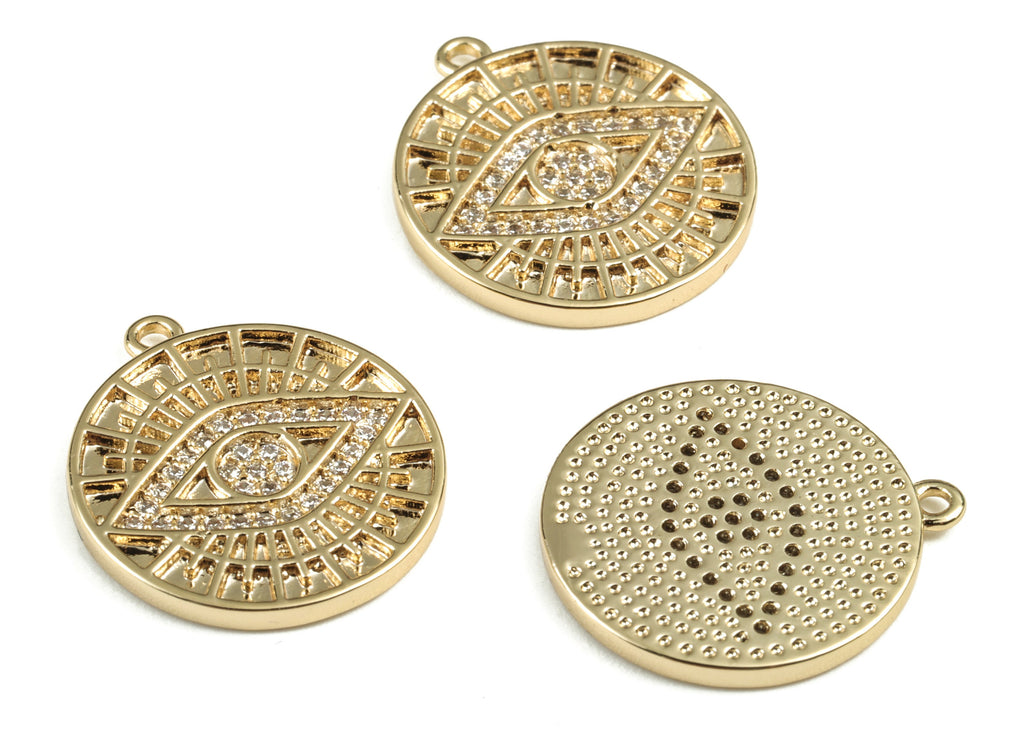 Brass Round Eye Earring Charms With Zircon - Gold Circle Eye Pendant - 18K Real Gold Plated Brass - 20.04x17.76x1.74mm - RGP2770 - DOMEDBAZAAR