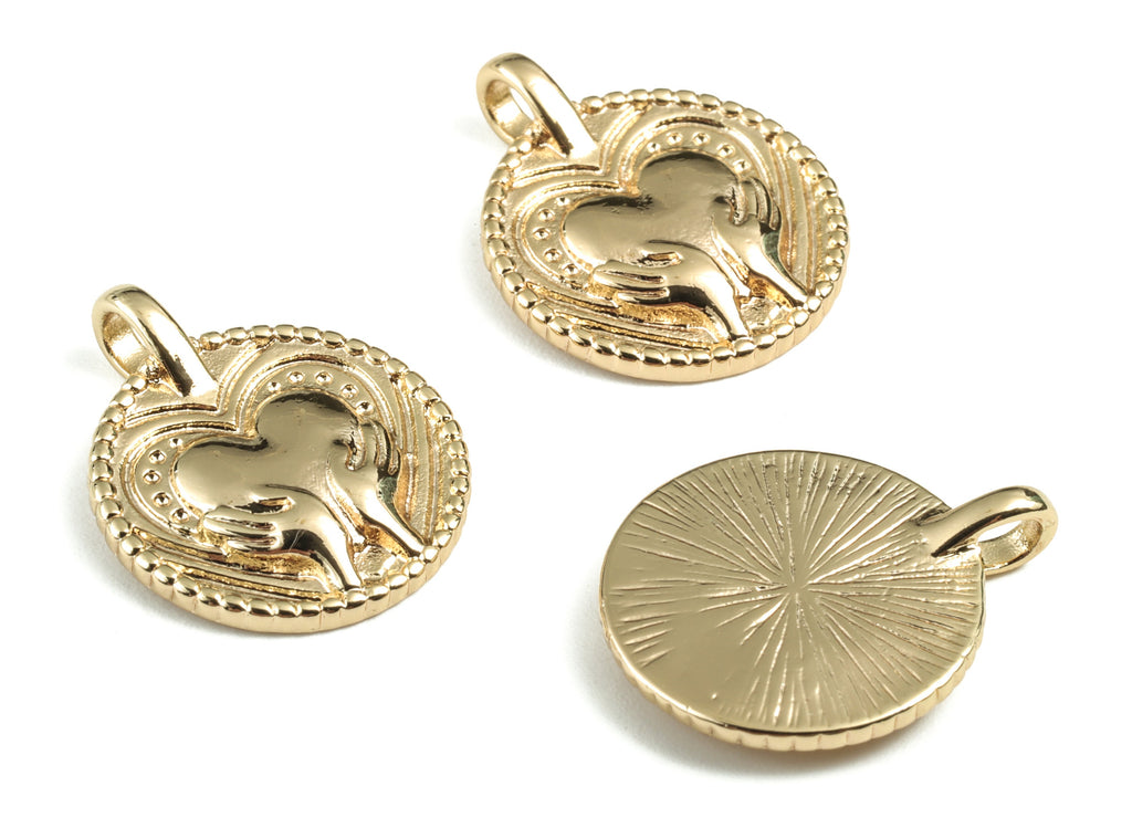 Brass Round Holding Love Earring Charms - Gold Circle Holding Love Pendant - 18K Real Gold Plated Brass - 20.7x16.81x2.76mm - RGP2768 - DOMEDBAZAAR