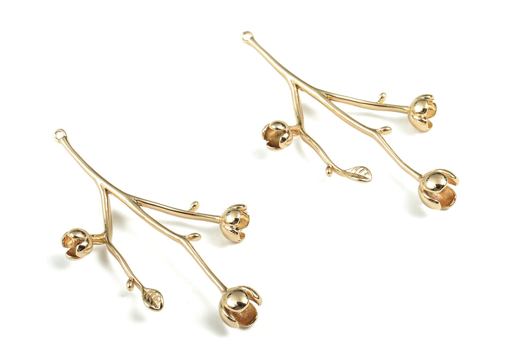 Brass Flower Earring Charms - Gold Rose Flower Pendant - 18K Real Gold Plated Brass - Jewelry Supplies - 42.37x20.6x6.04mm - RGP2781 - DOMEDBAZAAR