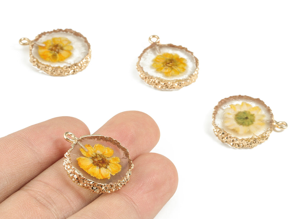 Resin Round Earring Charms - Trendy Resin Real Flower Pendant - Gold Tone Plated Resin - Resin Jewelry Supplies - 25.51x20x4.43mm - RC1138 - DOMEDBAZAAR