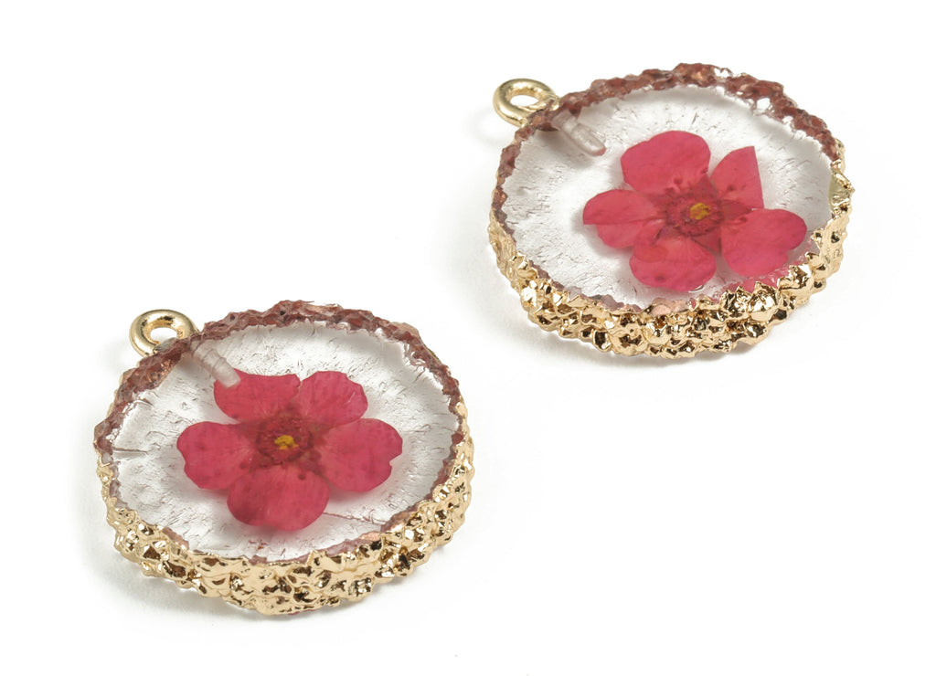 Resin Round Earring Charms - Resin Real Flower Pendant - Gold Tone Plated Resin - Jewelry Supplies - 24.66x20.52x4.18mm - RC1140 - DOMEDBAZAAR