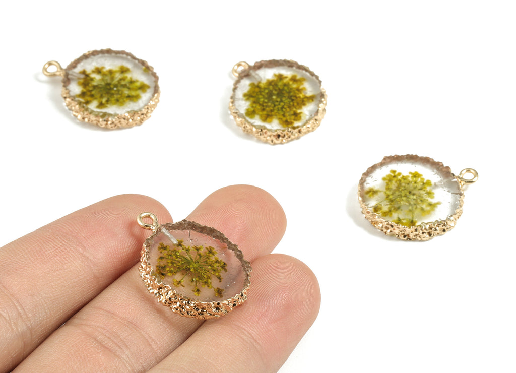 Resin Round Earring Charms - Resin Real Flower Pendant - Gold Tone Plated Resin - Jewelry Supplies - 26.02x20x4.36mm - RC1142 - DOMEDBAZAAR