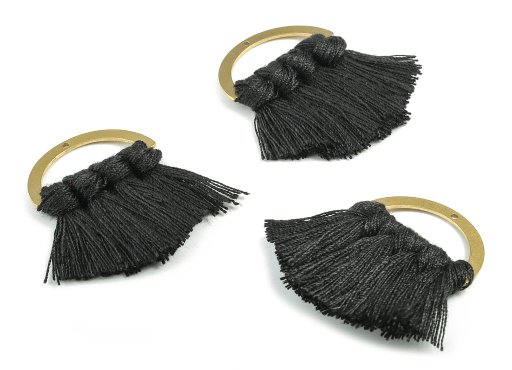 Brass Semi circle Brass - Half Moon Tassel Earring Charms - Cotton Black Tassels - Mini Half Fan Tassel - 44.49x30.34x4.42mm - TSM3070RBB - DOMEDBAZAAR