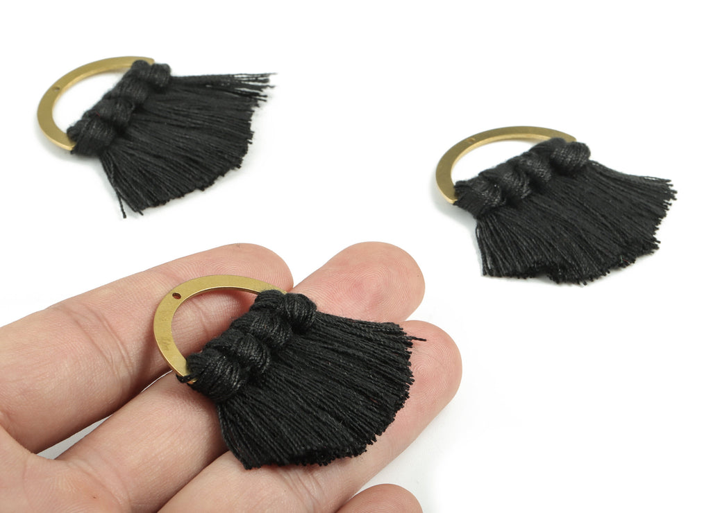 Brass Semi circle Brass - Half Moon Tassel Earring Charms - Cotton Black Tassels - Mini Half Fan Tassel - 44.49x30.34x4.42mm - TSM3070RBB - DOMEDBAZAAR