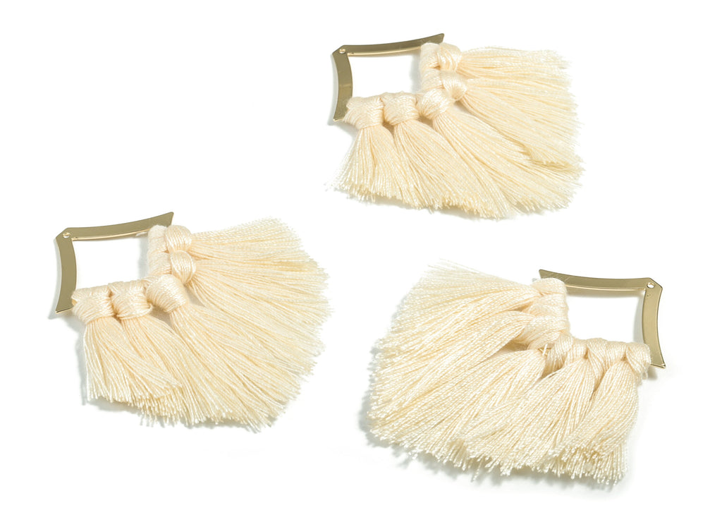 Tassel Earring Charms - Cotton Cream Tassels - Rhombus Gold Brass Earrings - Fringe Tassel - JewelrySupplies - 78.04x40.08x4.6mm - TS1153B - DOMEDBAZAAR