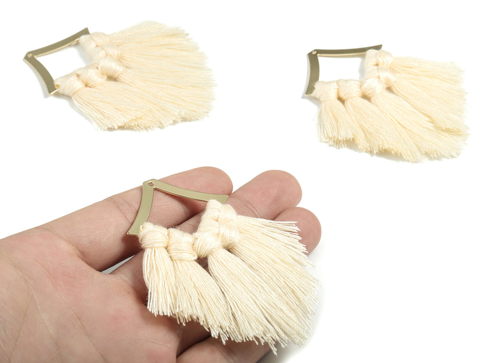 Tassel Earring Charms - Cotton Cream Tassels - Rhombus Gold Brass Earrings - Fringe Tassel - JewelrySupplies - 78.04x40.08x4.6mm - TS1153B - DOMEDBAZAAR