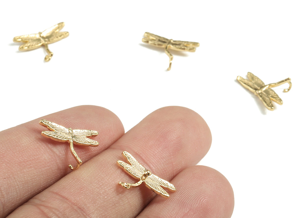 Brass Dragonfly Earring Charms - Gold Dragonfly Earring Pendant - 18K Real Gold Plated Brass - 15.07x10.45x1.84mm - RGP2757 - DOMEDBAZAAR