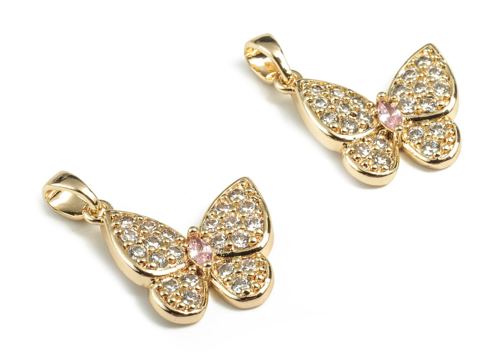 Brass Butterfly Earring Charms With Zircons - Gold Butterfly Pendant - 18K Real Gold Plated Brass - 15.35x14.53x3.32mm - RGP2756 - DOMEDBAZAAR
