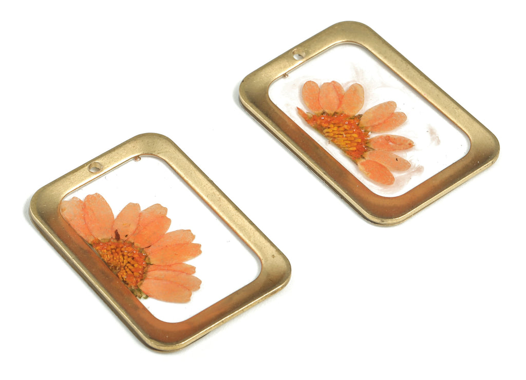 Resin Rectangle Earring Charms - Resin Real Flower Pendant - Raw Brass – Floral Resin Jewelry Charm - 30.13x20.58x1.66mm - RC1153 - DOMEDBAZAAR