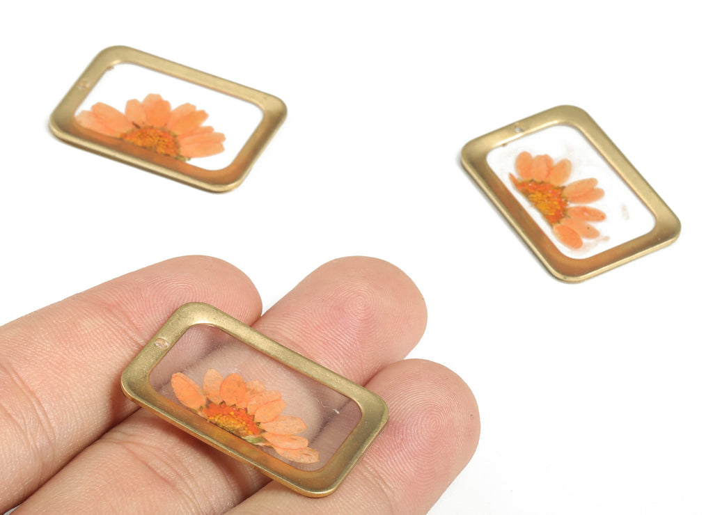 Resin Rectangle Earring Charms - Resin Real Flower Pendant - Raw Brass – Floral Resin Jewelry Charm - 30.13x20.58x1.66mm - RC1153 - DOMEDBAZAAR