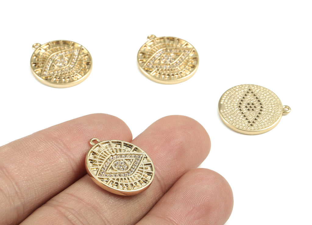 Brass Round Eye Earring Charms With Zircon - Gold Circle Eye Pendant - 18K Real Gold Plated Brass - 20.04x17.76x1.74mm - RGP2770 - DOMEDBAZAAR