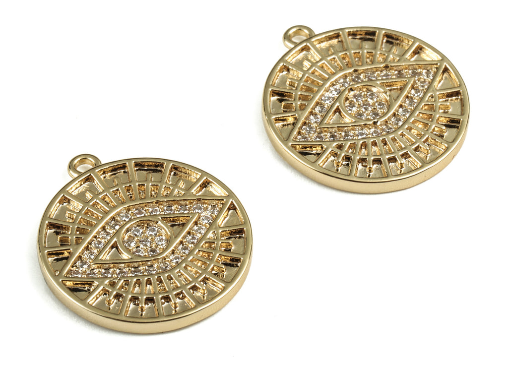 Brass Round Eye Earring Charms With Zircon - Gold Circle Eye Pendant - 18K Real Gold Plated Brass - 20.04x17.76x1.74mm - RGP2770 - DOMEDBAZAAR