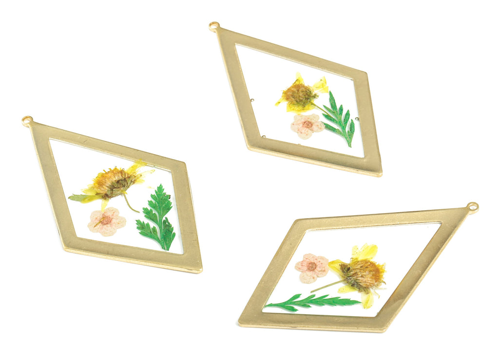 Resin Diamond Earring Charms - Resin Real Flower Pendant - Raw Brass Charm - Jewelry Making Supplies - 55.24x31.81x1.49mm - RC1152 - DOMEDBAZAAR