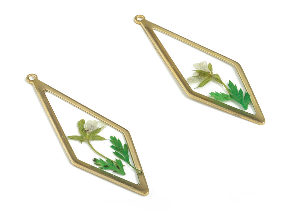 Brass Diamond Earring Charms - Resin Real Flower Pendant – Green Flower Resin Charm – Resin Jewelry Charms - 42.03x14.55x1.39mm - RC1160 - DOMEDBAZAAR