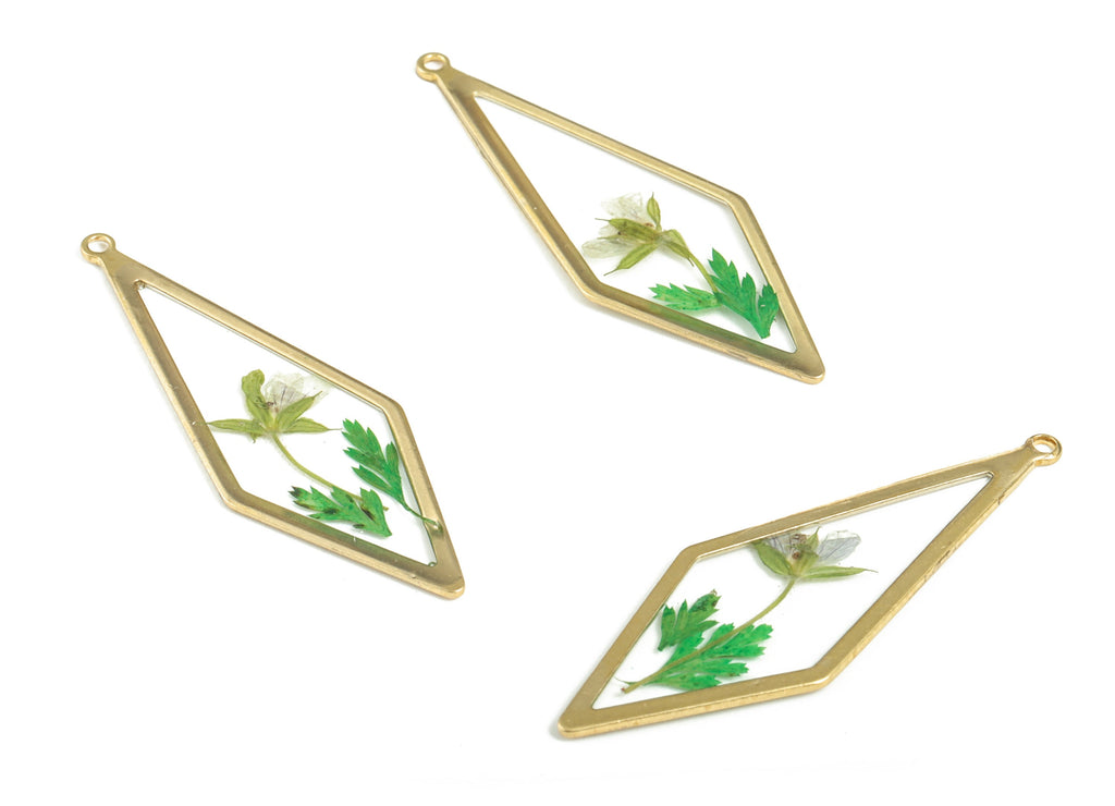 Brass Diamond Earring Charms - Resin Real Flower Pendant – Green Flower Resin Charm – Resin Jewelry Charms - 42.03x14.55x1.39mm - RC1160 - DOMEDBAZAAR