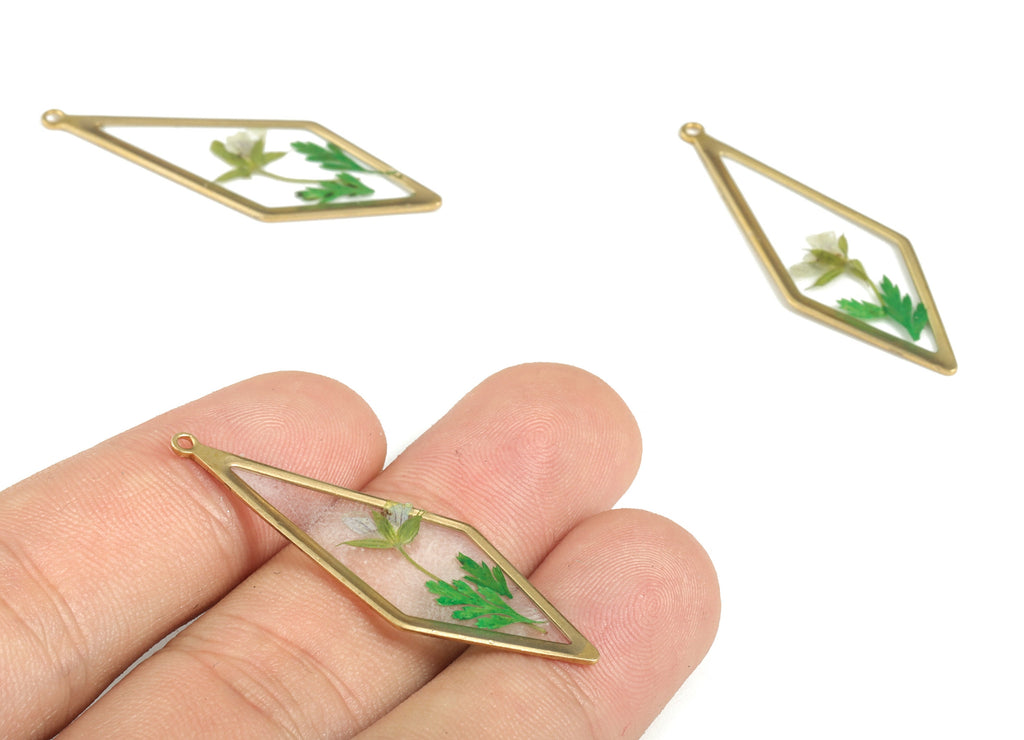 Brass Diamond Earring Charms - Resin Real Flower Pendant – Green Flower Resin Charm – Resin Jewelry Charms - 42.03x14.55x1.39mm - RC1160 - DOMEDBAZAAR