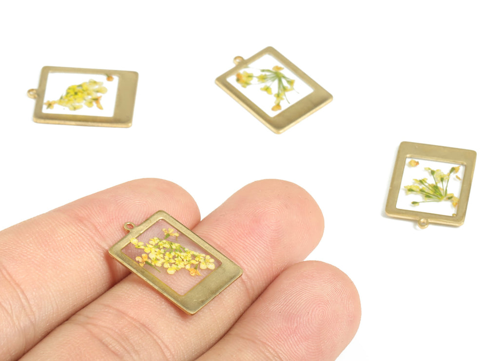 Brass Square Earring Charms - Resin Real Flower Pendant – Yellow Flowers Resin Charm - Jewelry Making Supplies - 19.92x14.23x1.33mm - RC1162 - DOMEDBAZAAR