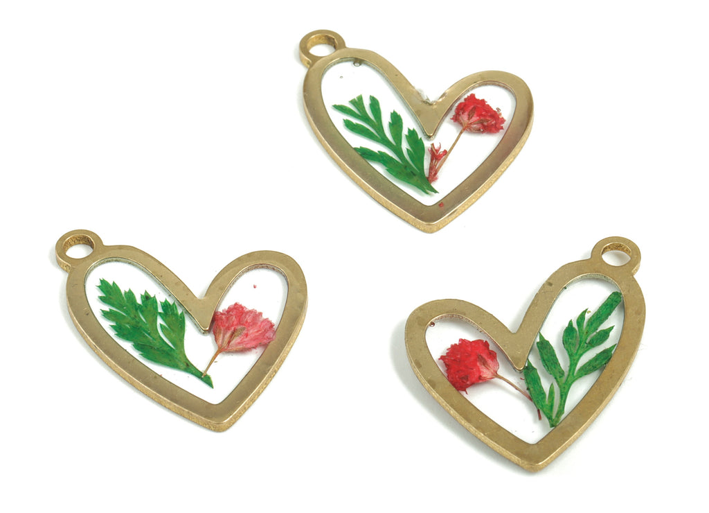 Resin Heart Earring Charms - Resin Real Flower Pendant - Raw Brass Charm - Red Flower Charm - Jewelry Supplies - 24.92x20.57x1.91mm - RC1149 - DOMEDBAZAAR