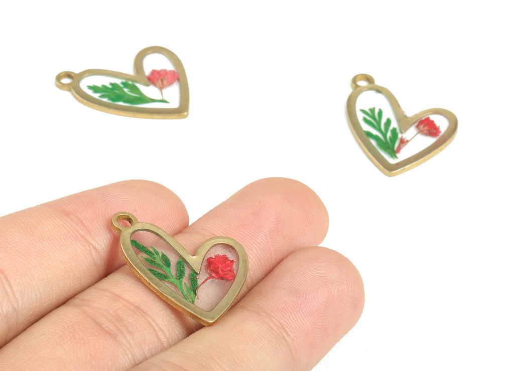 Resin Heart Earring Charms - Resin Real Flower Pendant - Raw Brass Charm - Red Flower Charm - Jewelry Supplies - 24.92x20.57x1.91mm - RC1149 - DOMEDBAZAAR