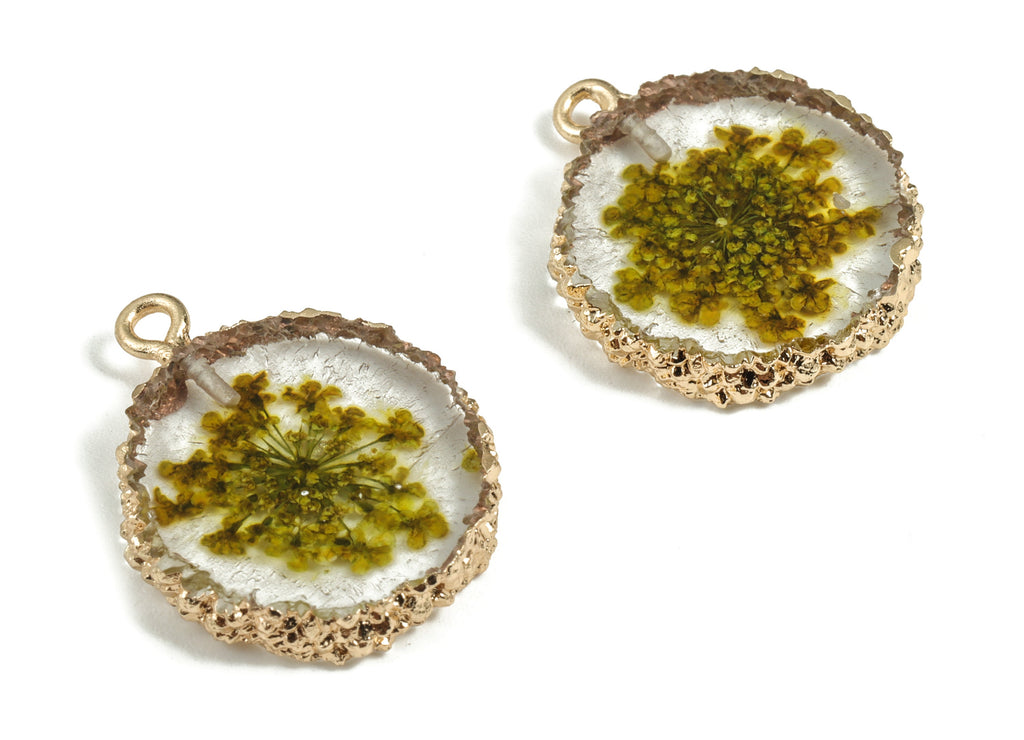 Resin Round Earring Charms - Resin Real Flower Pendant - Gold Tone Plated Resin - Jewelry Supplies - 26.02x20x4.36mm - RC1142 - DOMEDBAZAAR
